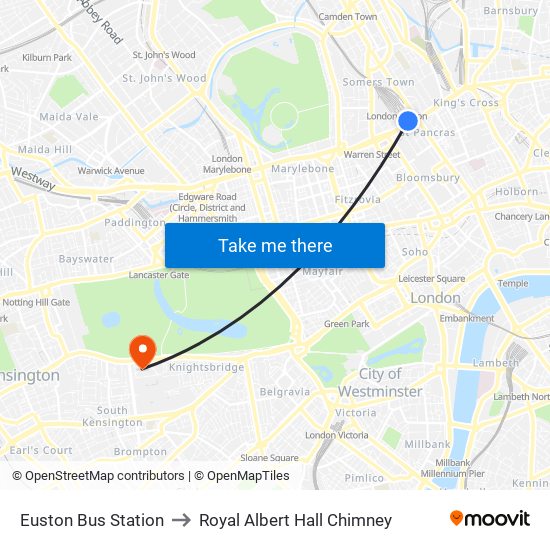 Euston Bus Station to Royal Albert Hall Chimney map