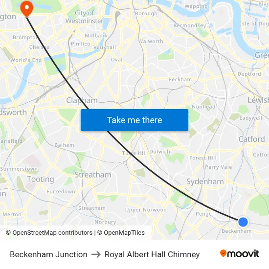 Beckenham Junction to Royal Albert Hall Chimney map