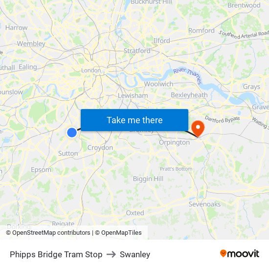 Phipps Bridge Tram Stop to Swanley map