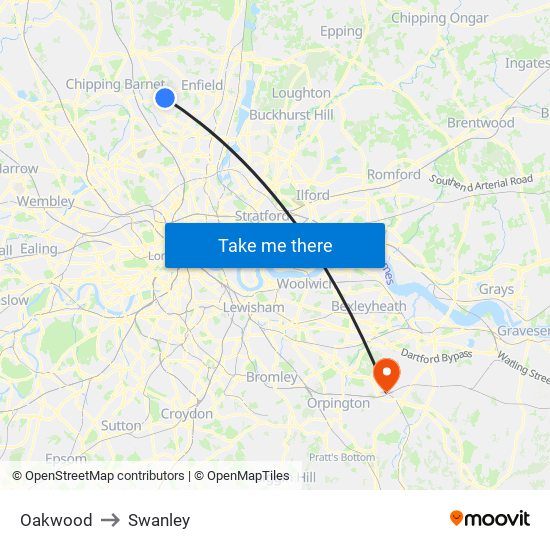 Oakwood to Swanley map