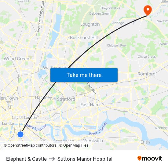 Elephant & Castle to Suttons Manor Hospital map