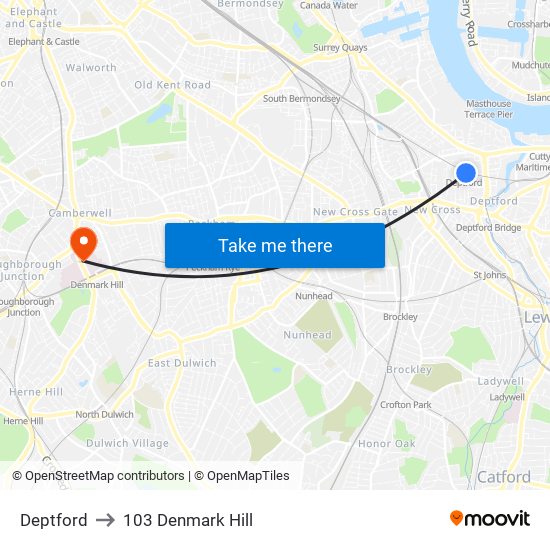 Deptford to 103 Denmark Hill map