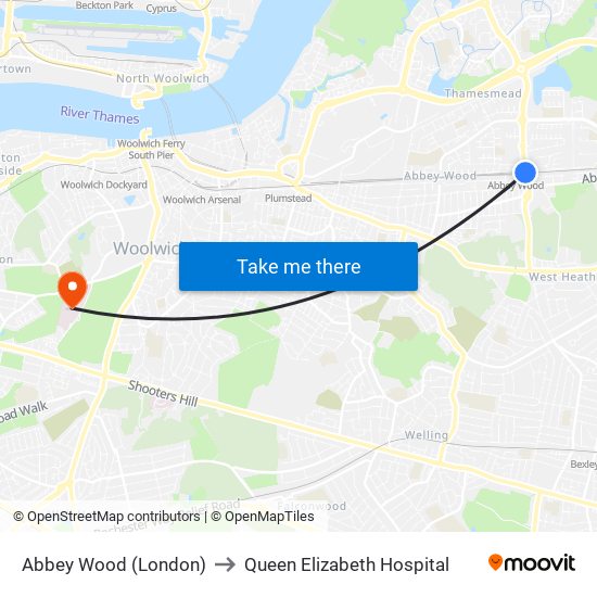 Abbey Wood (London) to Queen Elizabeth Hospital map