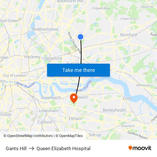 Gants Hill to Queen Elizabeth Hospital map