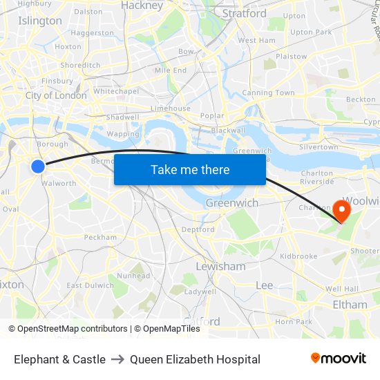 Elephant & Castle to Queen Elizabeth Hospital map