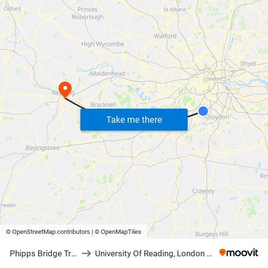 Phipps Bridge Tram Stop to University Of Reading, London Road Campus map