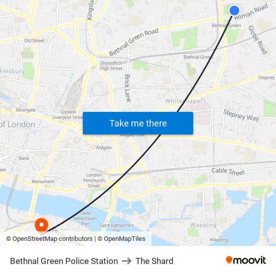 Bethnal Green Police Station to The Shard map