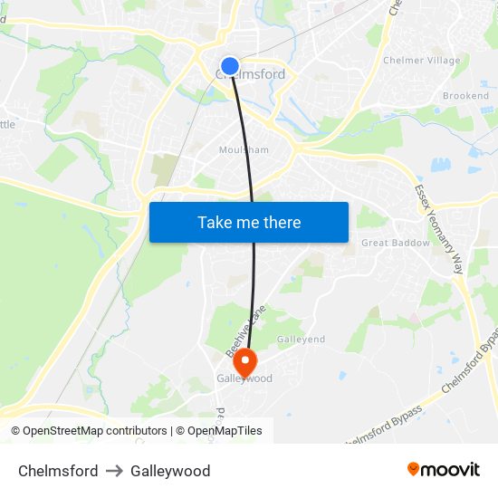 Chelmsford to Galleywood map