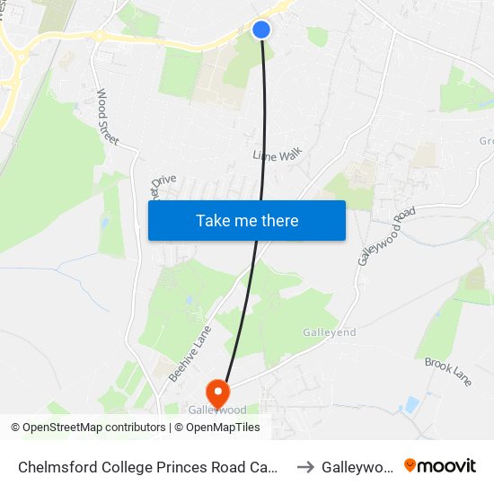 Chelmsford College Princes Road Campus to Galleywood map