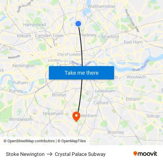 Stoke Newington to Crystal Palace Subway map