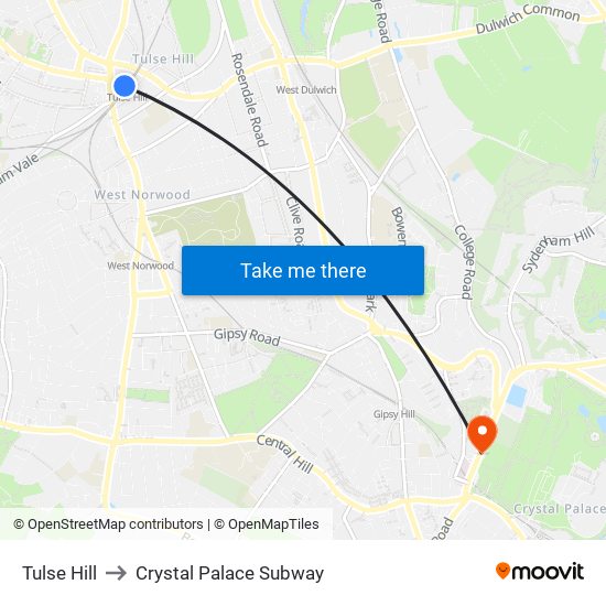 Tulse Hill to Crystal Palace Subway map