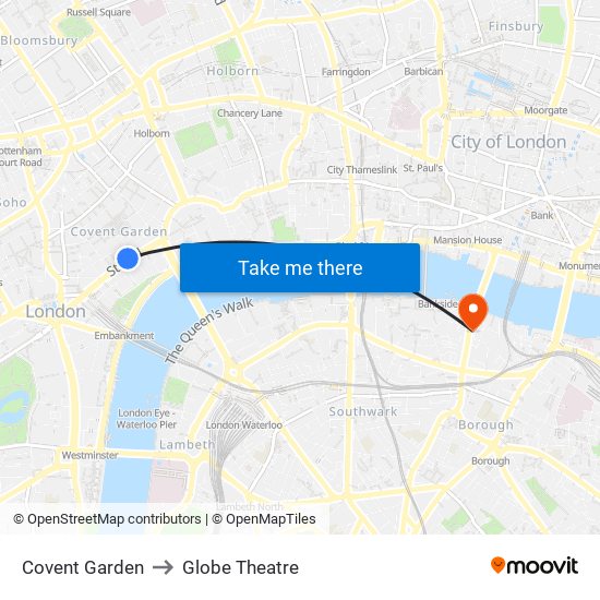 Covent Garden to Globe Theatre map