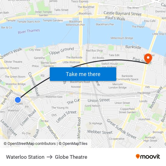 Waterloo Station to Globe Theatre map