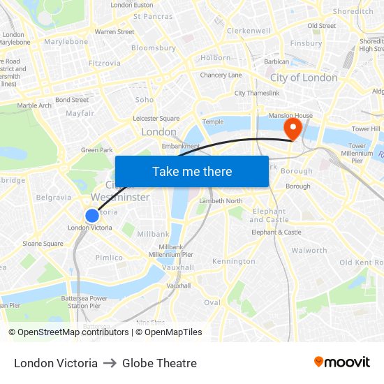 London Victoria to Globe Theatre map