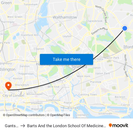 Gants Hill to Barts And the London School Of Medicine And Dentistry map