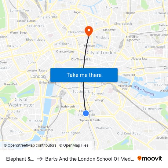 Elephant & Castle to Barts And the London School Of Medicine And Dentistry map