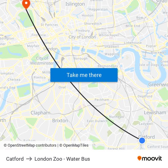 Catford to London Zoo - Water Bus map