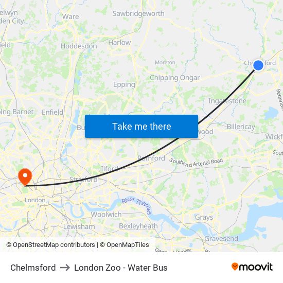 Chelmsford to London Zoo - Water Bus map