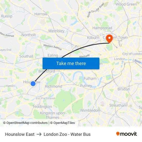 Hounslow East to London Zoo - Water Bus map