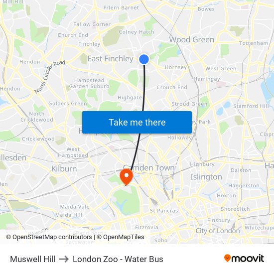 Muswell Hill to London Zoo - Water Bus map