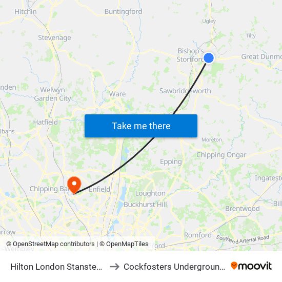 Hilton London Stansted Airport to Cockfosters Underground Station map