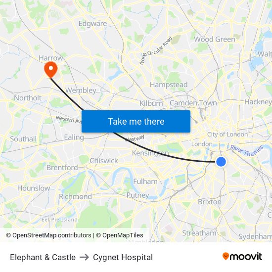 Elephant & Castle to Cygnet Hospital map