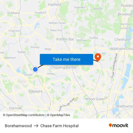 Borehamwood to Chase Farm Hospital map