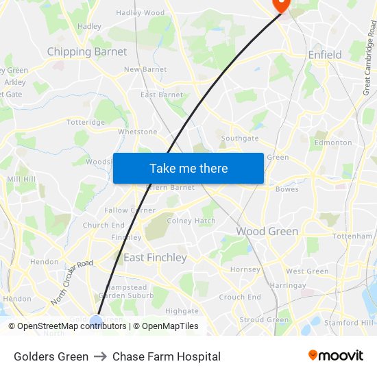 Golders Green to Chase Farm Hospital map