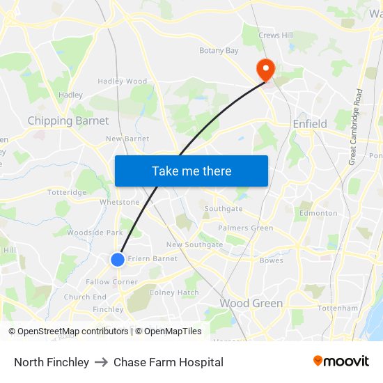 North Finchley to Chase Farm Hospital map