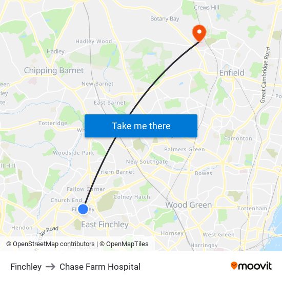 Finchley to Chase Farm Hospital map