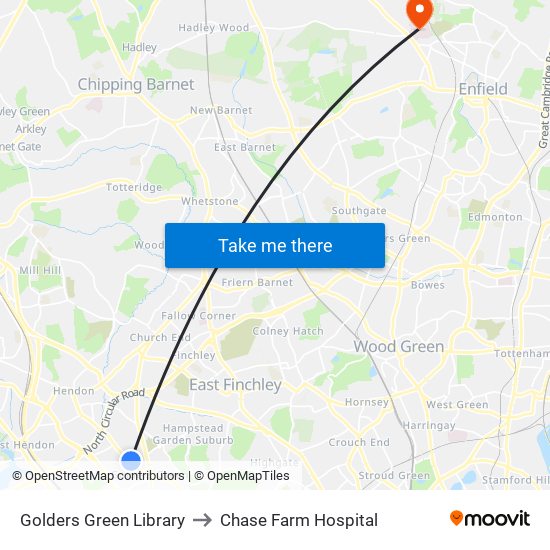 Golders Green Library to Chase Farm Hospital map