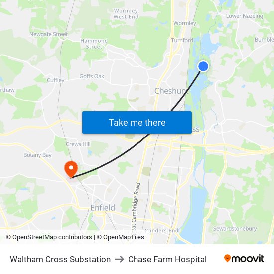 Waltham Cross Substation to Chase Farm Hospital map