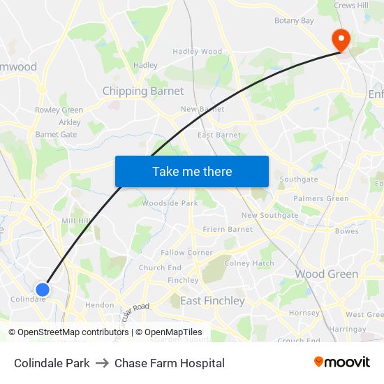 Colindale Park to Chase Farm Hospital map