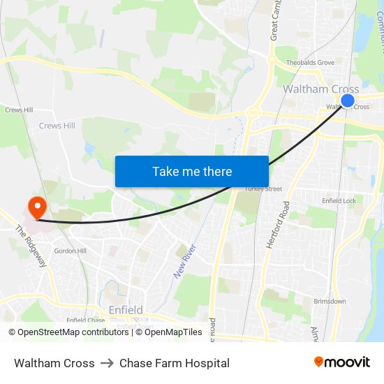 Waltham Cross to Chase Farm Hospital map