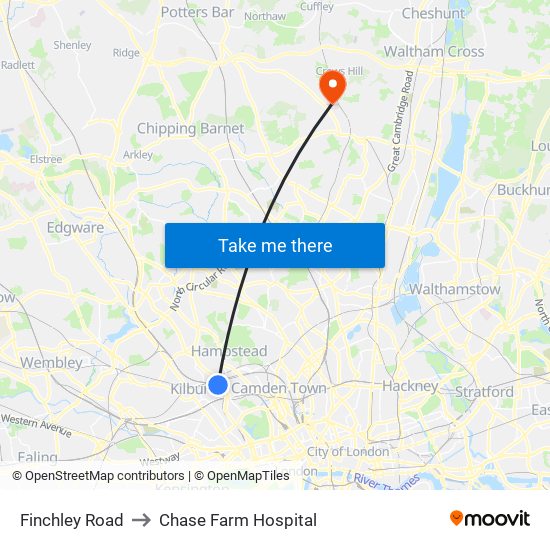 Finchley Road to Chase Farm Hospital map