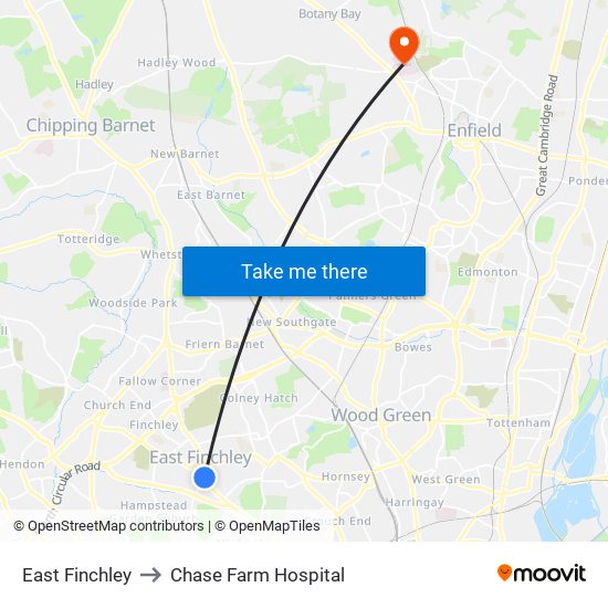 East Finchley to Chase Farm Hospital map