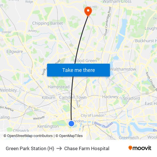 Green Park Station (H) to Chase Farm Hospital map