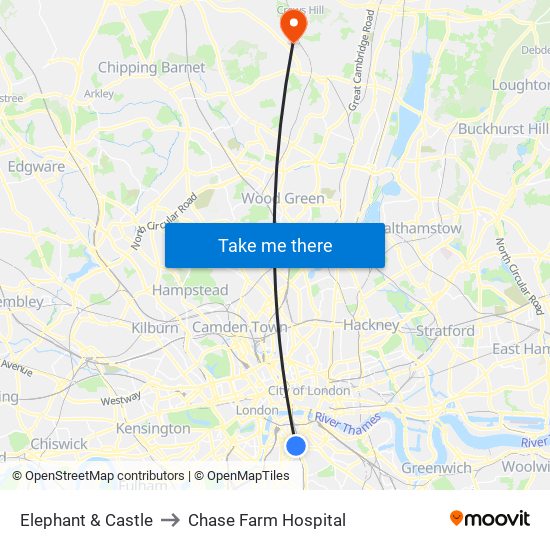 Elephant & Castle to Chase Farm Hospital map