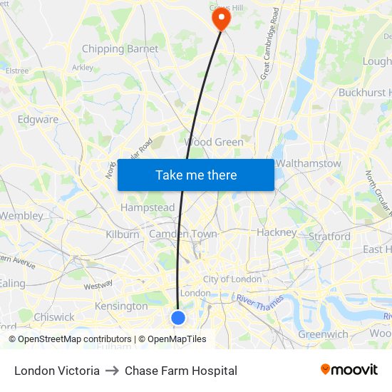 London Victoria to Chase Farm Hospital map