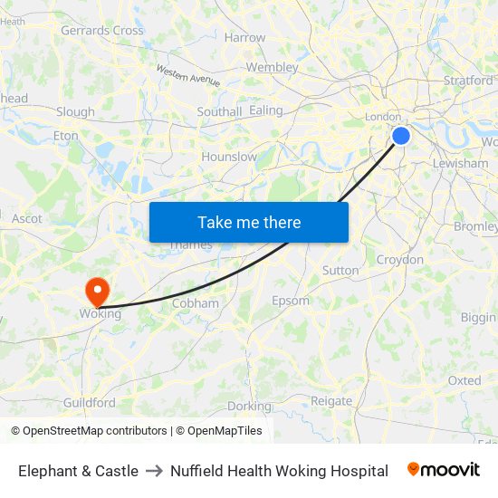 Elephant & Castle to Nuffield Health Woking Hospital map