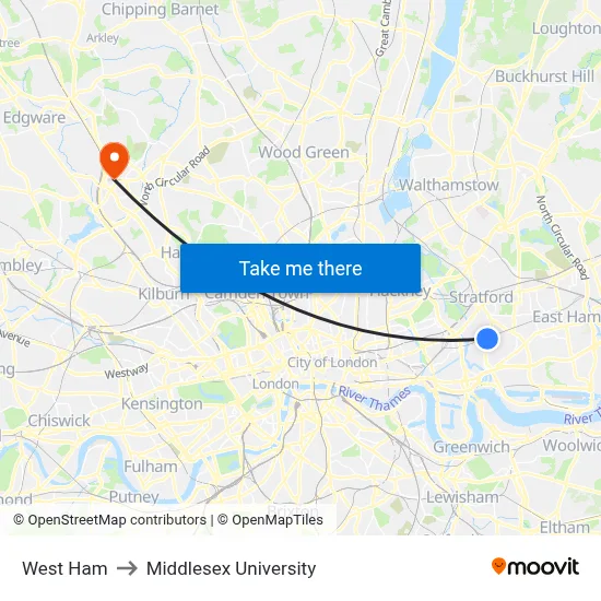 West Ham to Middlesex University map