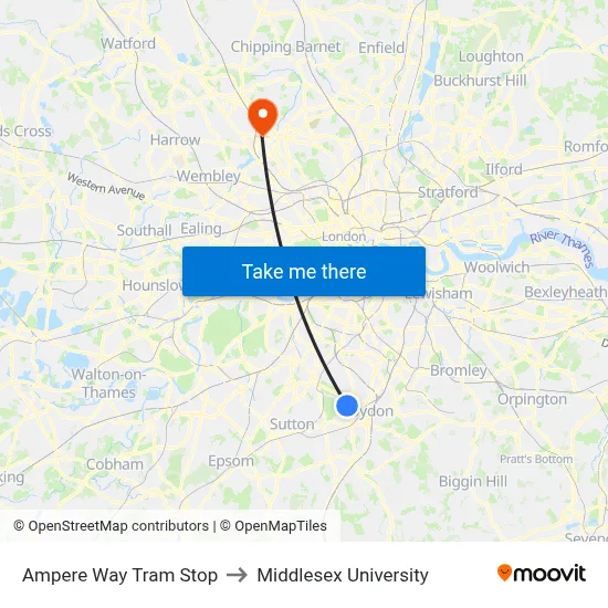 Ampere Way Tram Stop to Middlesex University map
