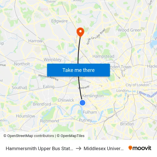 Hammersmith Upper Bus Station to Middlesex University map