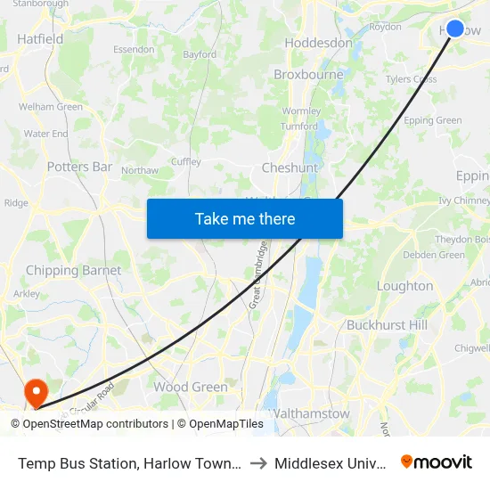 Temp Bus Station, Harlow Town Centre to Middlesex University map