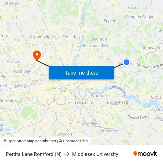 Pettits Lane Romford (N) to Middlesex University map