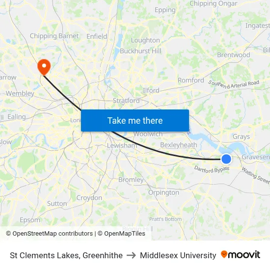 St Clements Lakes, Greenhithe to Middlesex University map