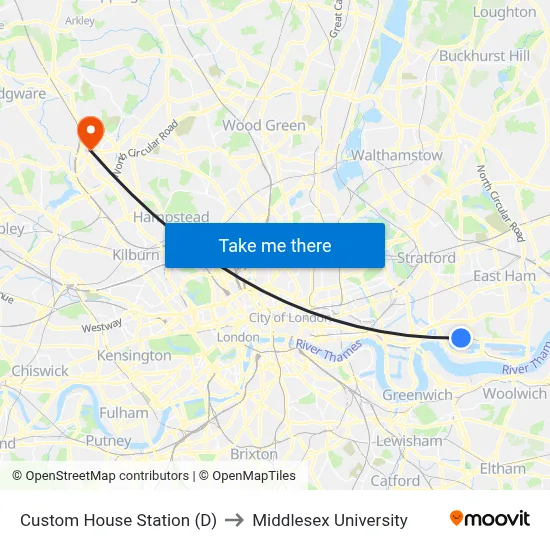 Custom House Station (D) to Middlesex University map