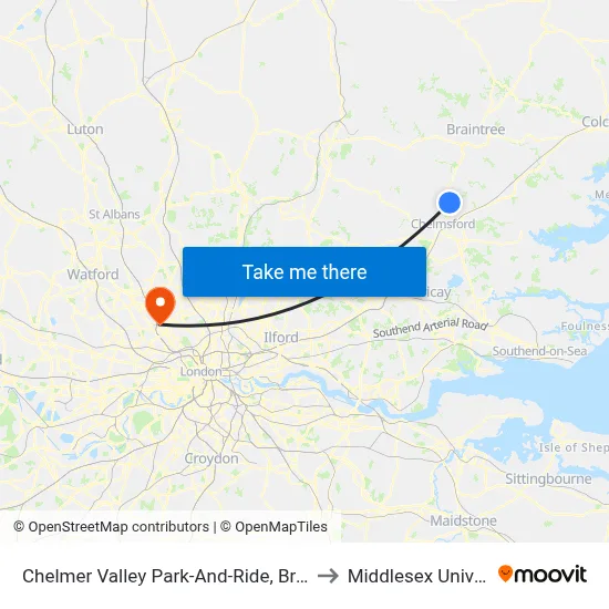 Chelmer Valley Park-And-Ride, Broomfield to Middlesex University map