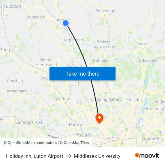Holiday Inn, Luton Airport to Middlesex University map
