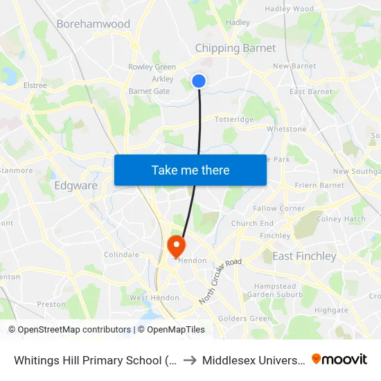 Whitings Hill Primary School (W) to Middlesex University map